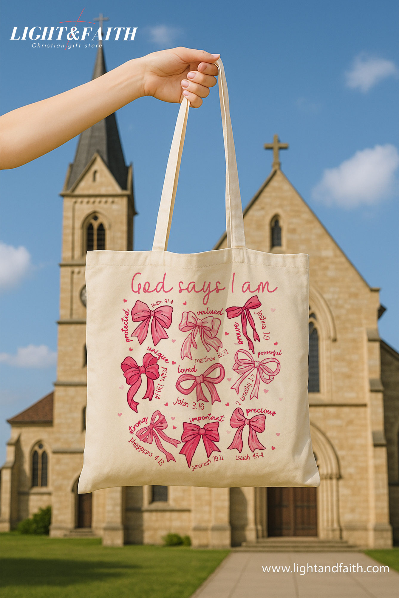 God Says I Am Tote Bag, Christian Bible Verse Bow Tote, Faith Girl Scripture Tote Bag, Cute Pastel Pink Jesus Tote, Christian Gift for Her TBLAF36
